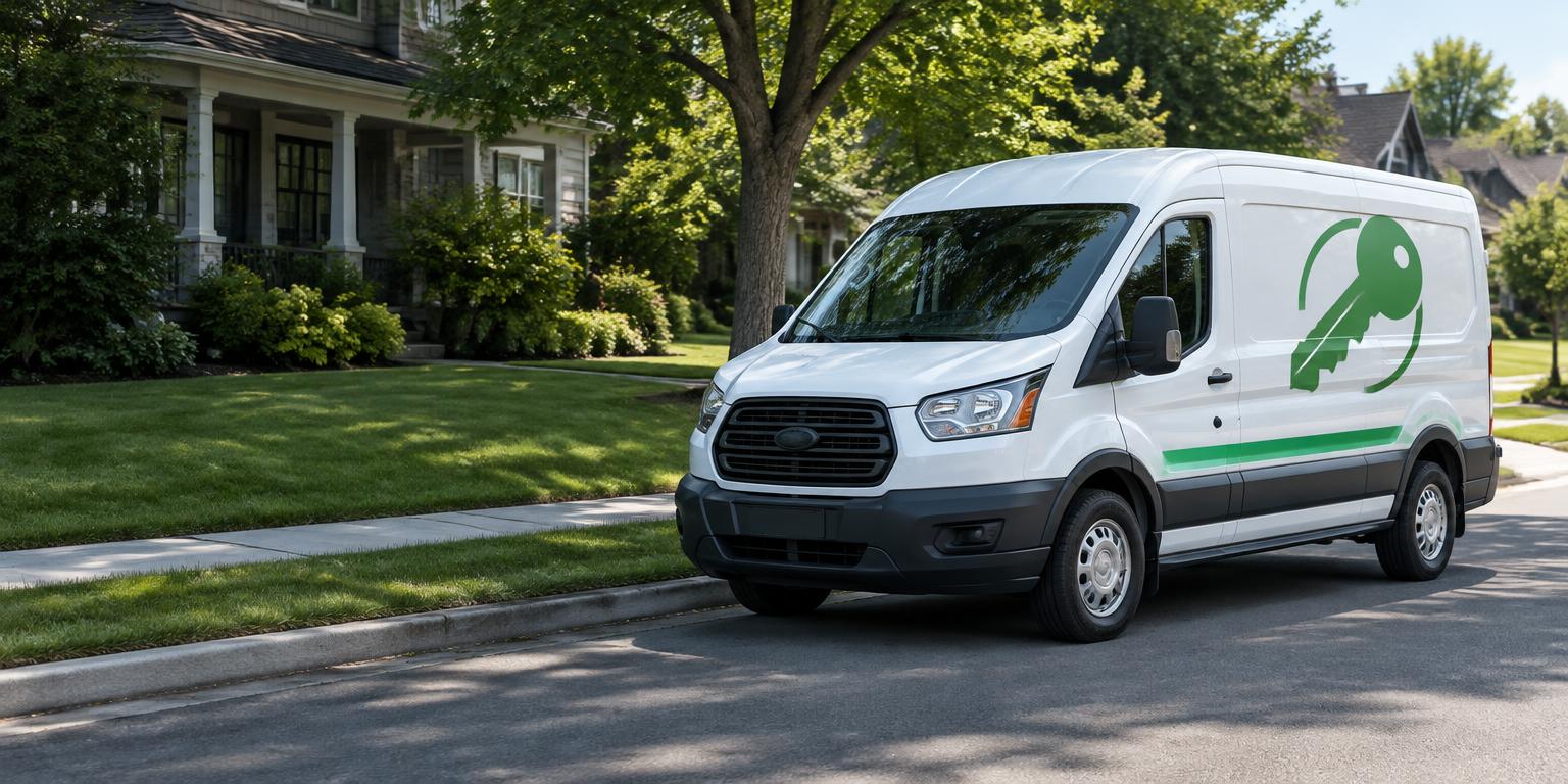 White locksmith service van parked on a residential street